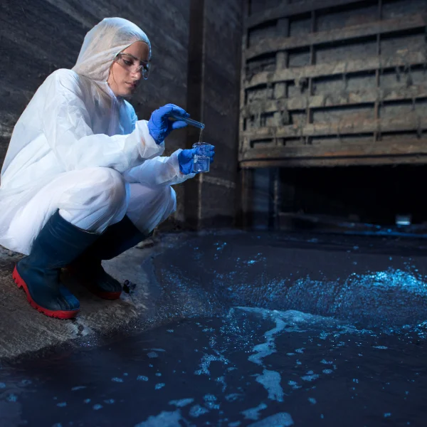 Une femme en manteau blanc et gants bleus est assise par terre, inspectant une fosse septique et un champ d’épuration.