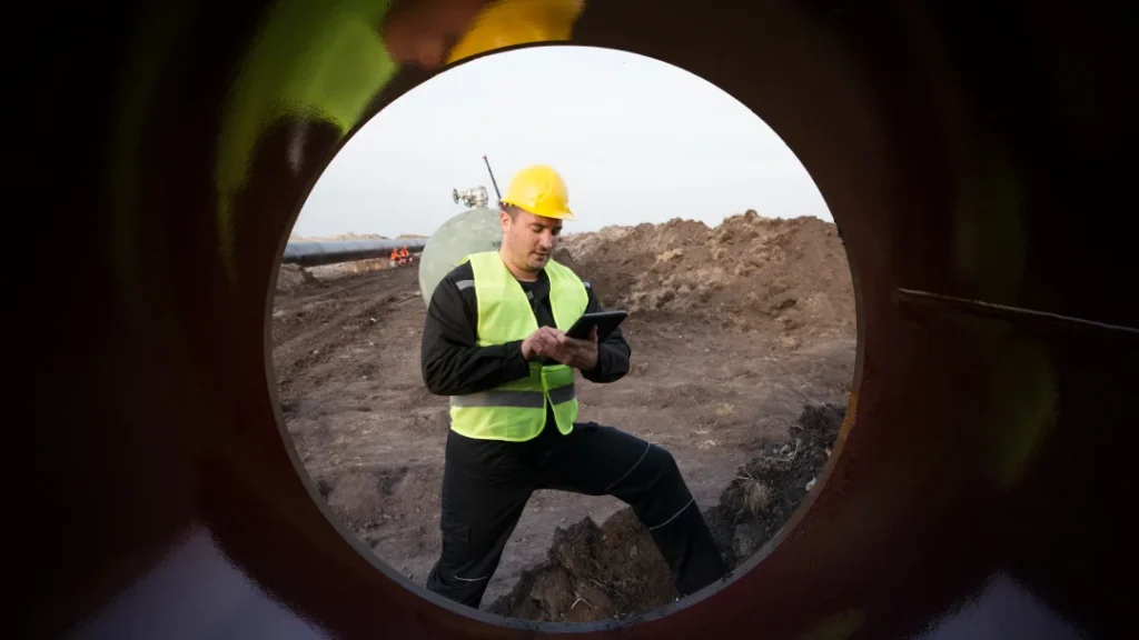 Un homme en gilet jaune et gilet de sécurité consulte son téléphone lors d'une inspection de fosse septique.