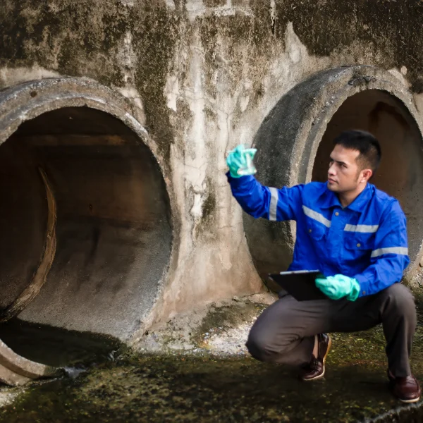 Un homme en chemise bleue s'agenouille à côté de deux tuyaux pour l'entretien d'un système septique.